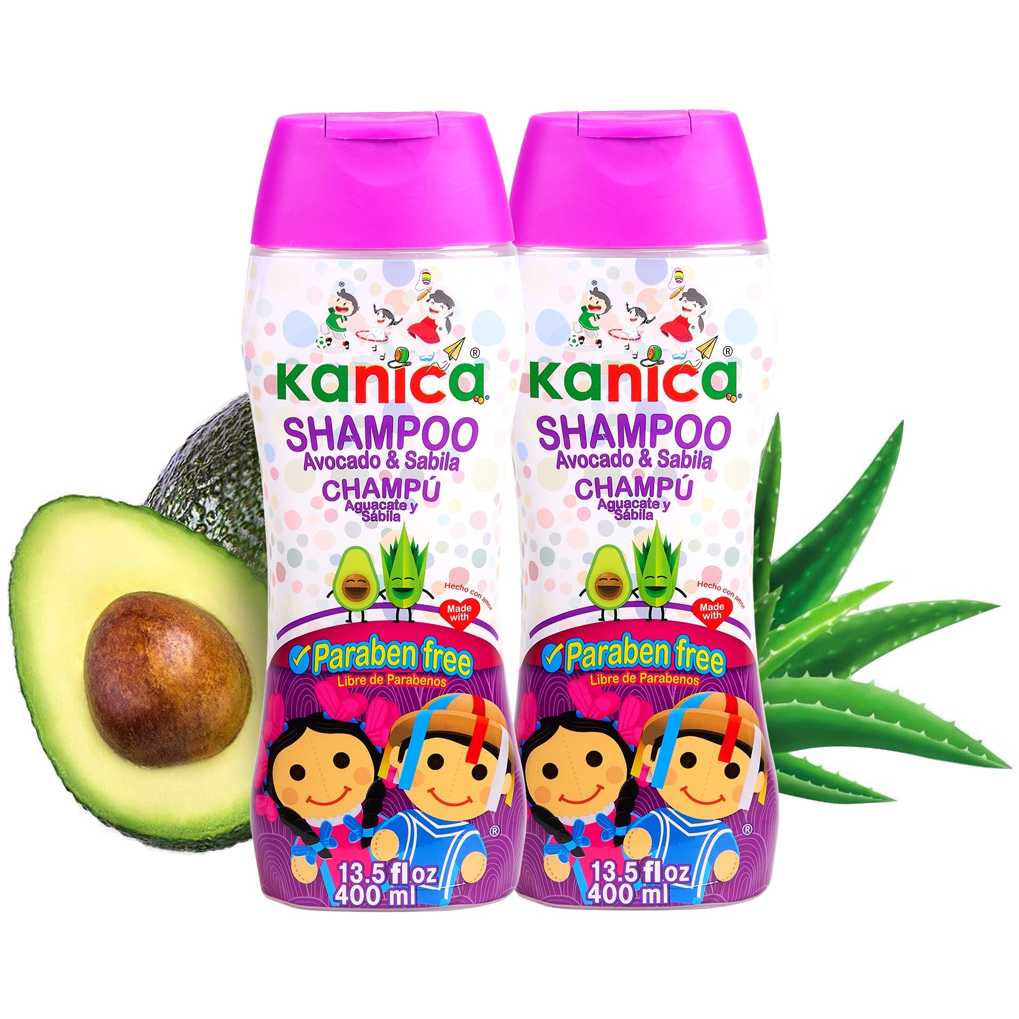 KIT 2 Kanica Shampoos Libre de parabenos, con Sábila y Aguacate, 400ml por botella de Shampoo para la familia