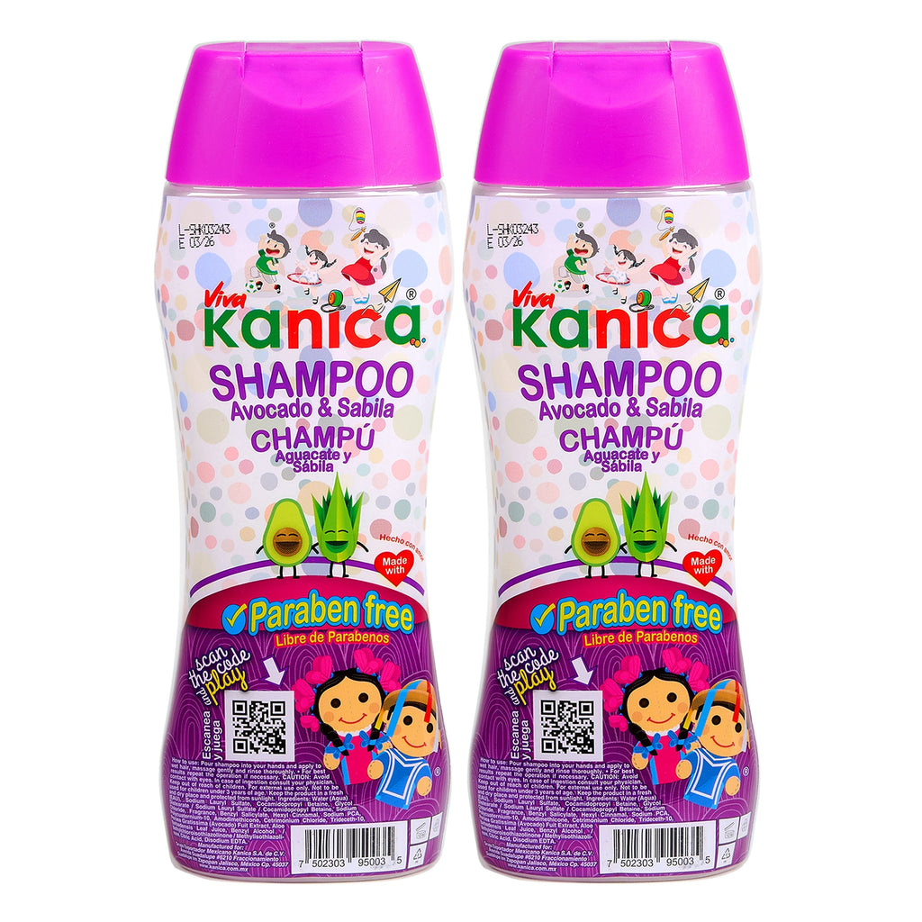 KIT 2 Kanica Shampoos Libre de parabenos, con Sábila y Aguacate, 400ml por botella de Shampoo para la familia