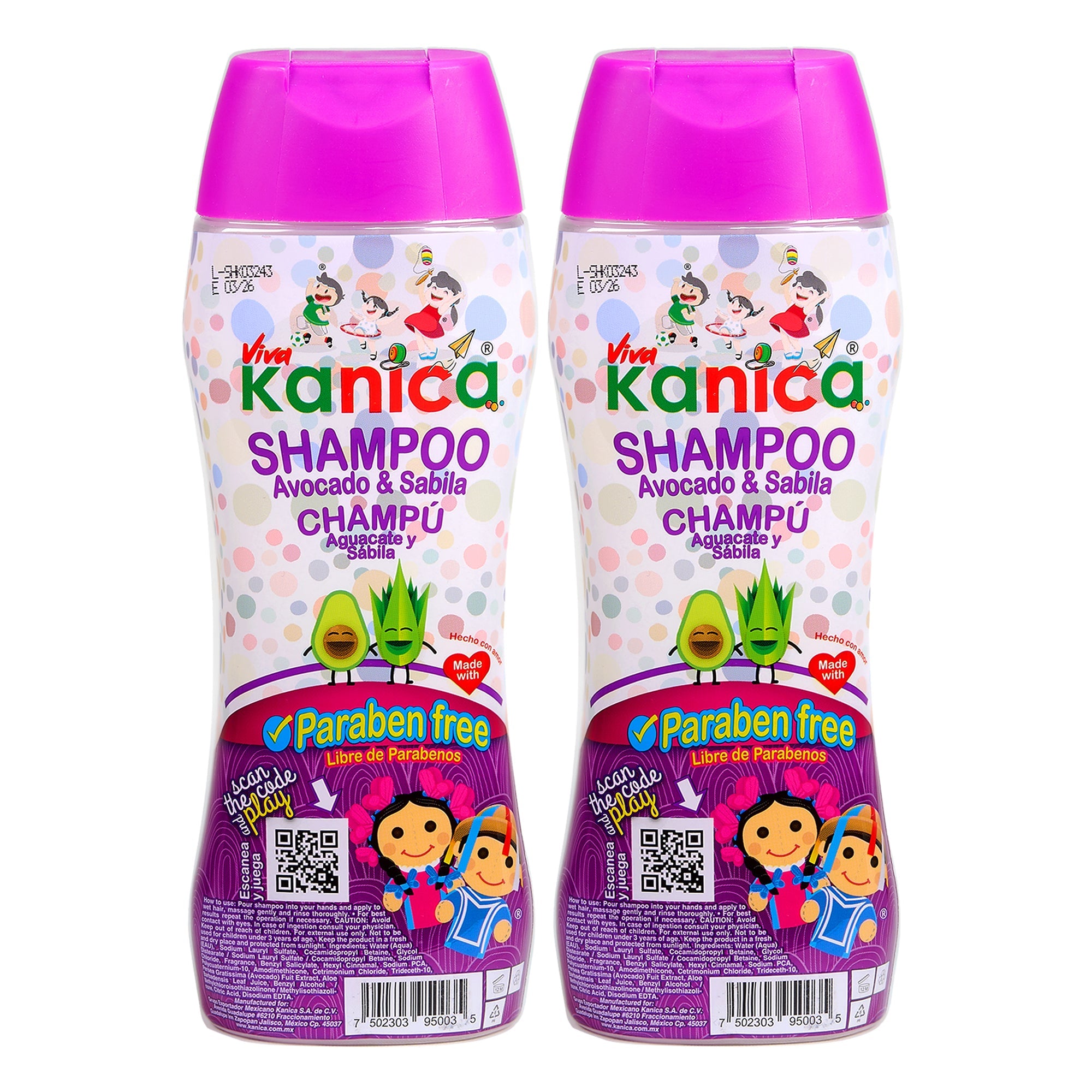 KIT 2 Kanica Shampoos Libre de parabenos, con Sábila y Aguacate, 400ml por botella de Shampoo para la familia